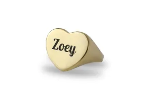 14k Gold Initials Signet Ring - Couples Engraved Heart Shaped Unisex Name Ring