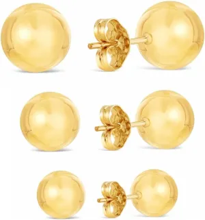 14K Gold Plated Ball Stud Earrings (3-Pair-Pack) 4MM 6MM and 8MM, High Polish, Hypoallergenic Gold Earrings Set for Women