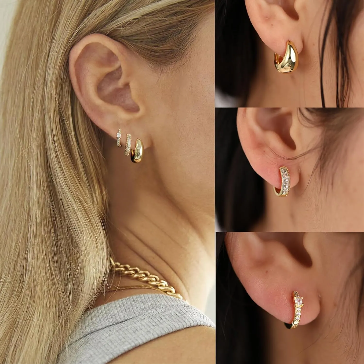 14K Gold Plated Hoop Earrings for Women 3 Pairs Small Hoop Earrings Set Dainty Huggie Earrings Cubic Zirconia Earrings Everyday Jewelry