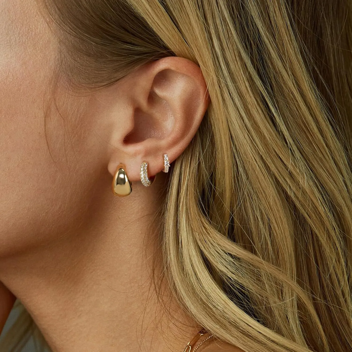 14K Gold Plated Hoop Earrings for Women 3 Pairs Small Hoop Earrings Set Dainty Huggie Earrings Cubic Zirconia Earrings Everyday Jewelry