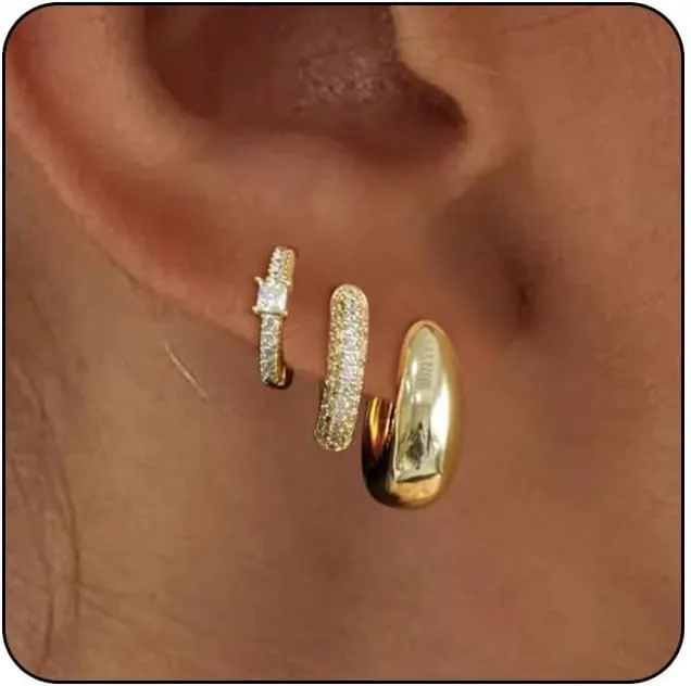 14K Gold Plated Hoop Earrings for Women 3 Pairs Small Hoop Earrings Set Dainty Huggie Earrings Cubic Zirconia Earrings Everyday Jewelry