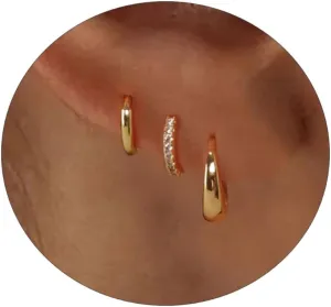 14K Gold Plated Hoop Earrings for Women 3 Pairs Small Hoop Earrings Set Dainty Huggie Earrings Cubic Zirconia Earrings Everyday Jewelry