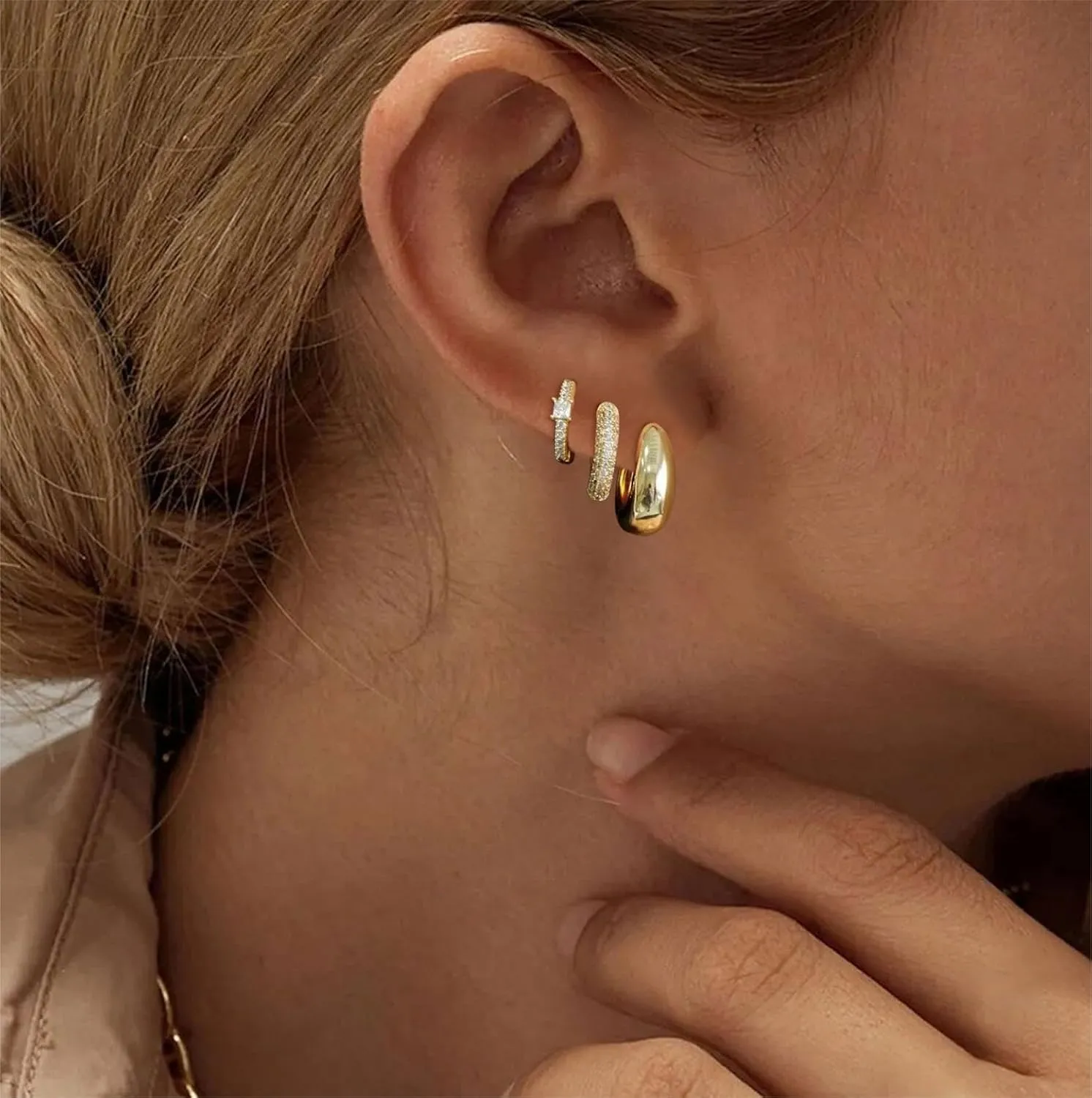14K Gold Plated Hoop Earrings for Women 3 Pairs Small Hoop Earrings Set Dainty Huggie Earrings Cubic Zirconia Earrings Everyday Jewelry