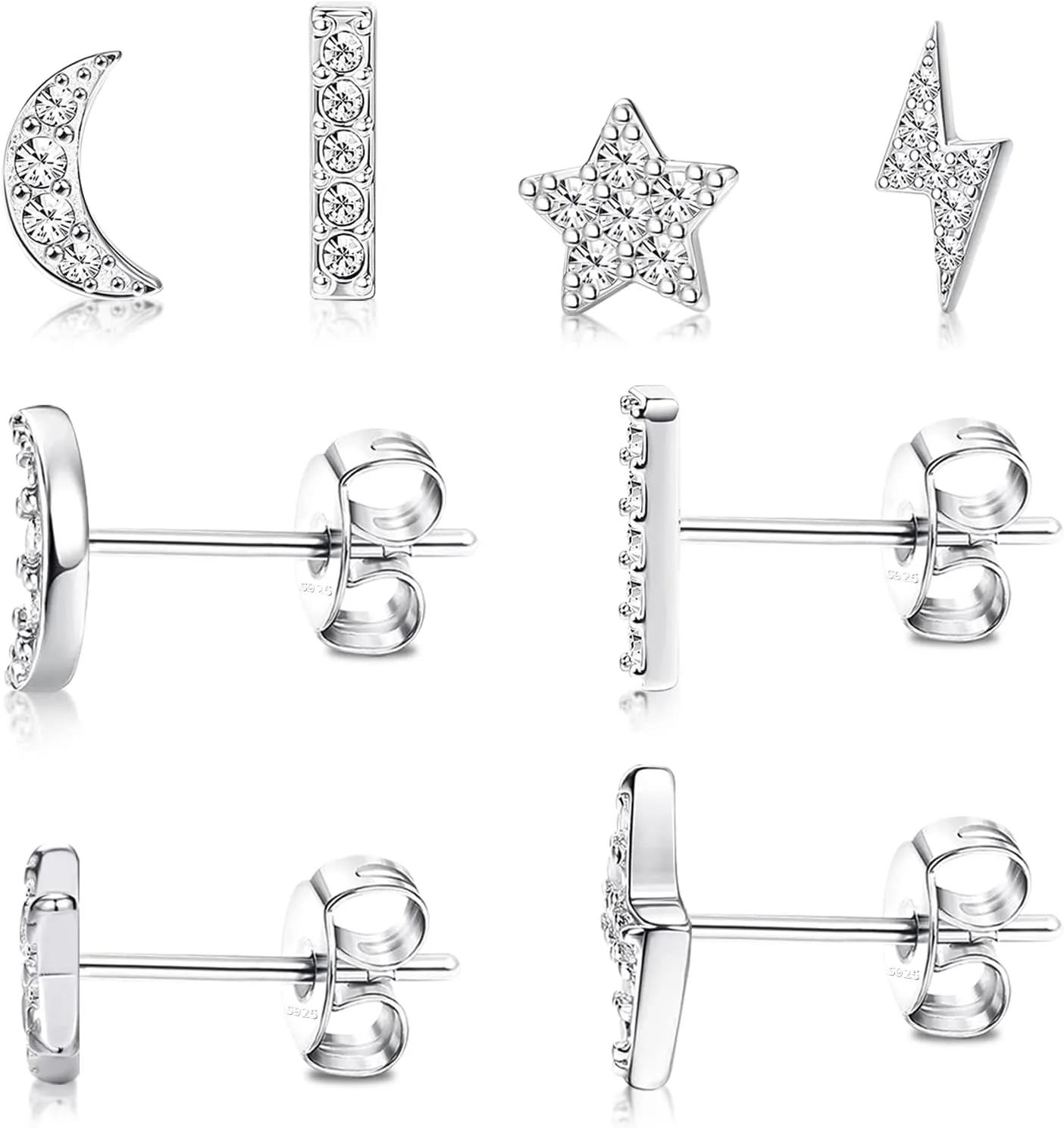 14K Gold Plated Sterling Silver Post Moon Star CZ Stud Earrings Set - Hypoallergenic, Tiny, 3 Pairs Cubic Zirconia Earrings for Women