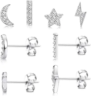 14K Gold Plated Sterling Silver Post Moon Star CZ Stud Earrings Set - Hypoallergenic, Tiny, 3 Pairs Cubic Zirconia Earrings for Women