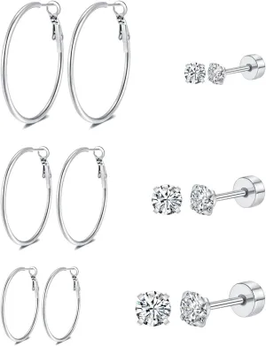 14k Gold Plated Surgical Steel Hoop Earrings Flat Back Stud Earrings Set for Women - 6 Pairs Hypoallergenic Earring Hoops and Cubic Zirconia Earrings Studs
