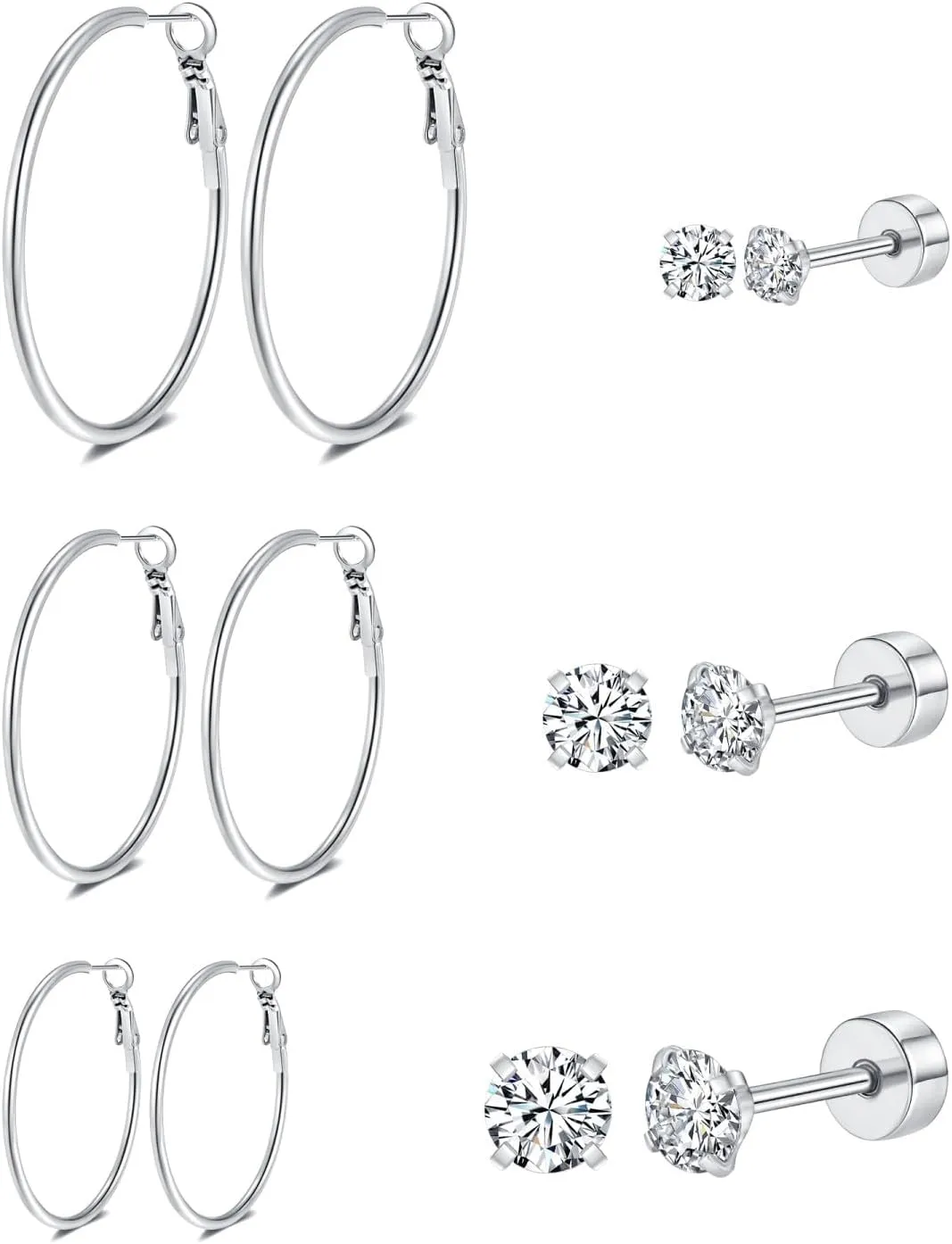 14k Gold Plated Surgical Steel Hoop Earrings Flat Back Stud Earrings Set for Women - 6 Pairs Hypoallergenic Earring Hoops and Cubic Zirconia Earrings Studs