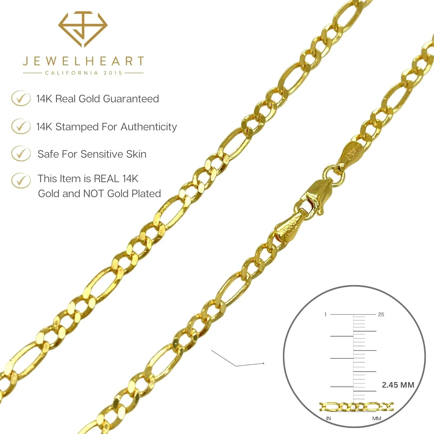 14K Real Gold Figaro Chain - 2mm 2.45mm 3.15mm 4.1mm 5.1mm 5.7mm Diamond Cut Cuban Link Figaro Necklace For Men - Yellow /White Gold Pendant Necklace For Women with Lobster Clasp 16" 18" 20" 22" 24" 26" 28"