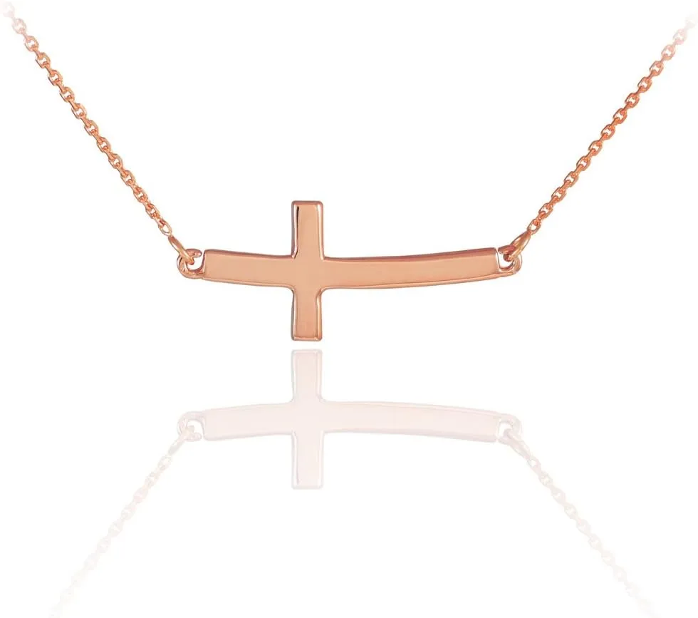 14K Rose Gold Sideways Horizontal Curved Cross Bar Style Necklace - Choice of Chain Length