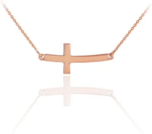 14K Rose Gold Sideways Horizontal Curved Cross Bar Style Necklace - Choice of Chain Length