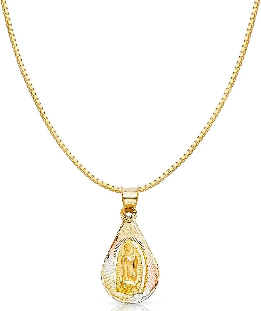14K Tri Color Gold Diamond Cut Our Lady of Guadalupe Stamp Religious Charm Pendant with 0.8mm Box Chain Necklace