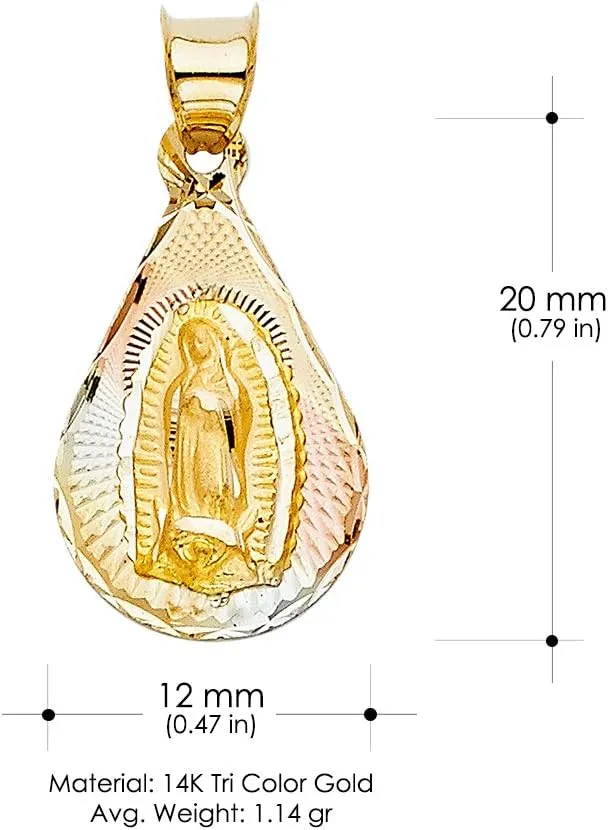 14K Tri Color Gold Diamond Cut Our Lady of Guadalupe Stamp Religious Charm Pendant with 0.8mm Box Chain Necklace