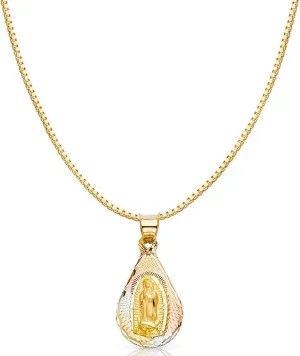 14K Tri Color Gold Diamond Cut Our Lady of Guadalupe Stamp Religious Charm Pendant with 0.8mm Box Chain Necklace
