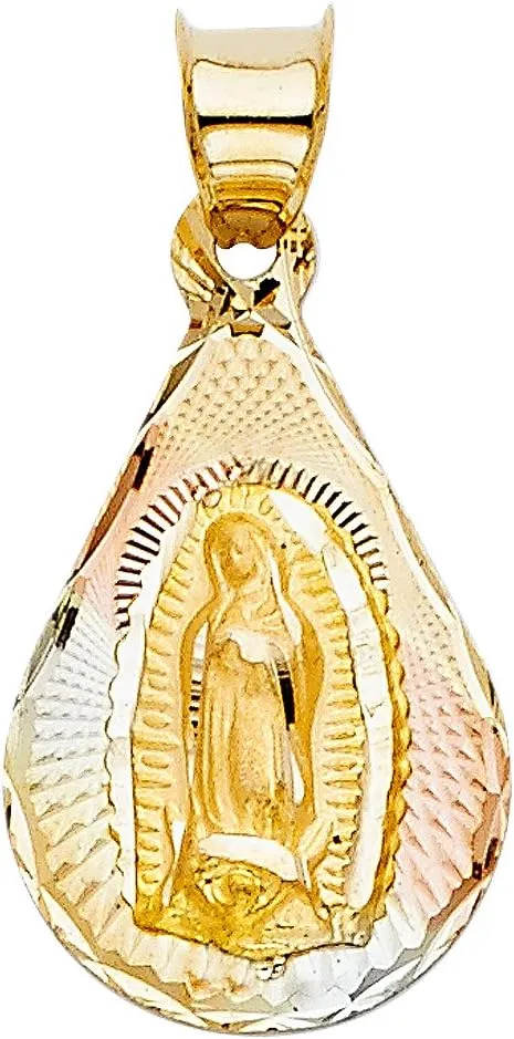 14K Tri Color Gold Diamond Cut Our Lady of Guadalupe Stamp Religious Charm Pendant with 0.8mm Box Chain Necklace