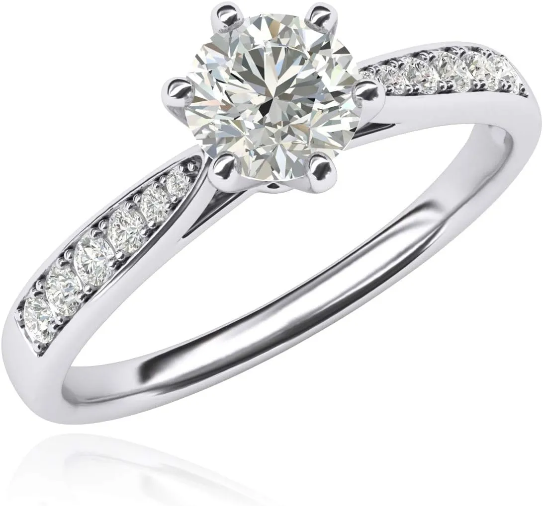 14k white gold 1.0 CT Classic 6-Prong Simulated Diamond Engagement Ring Graduated Side Stones Promise Bridal Ring
