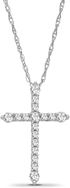 14K White Gold Diamond Cross Pendant with Sterling Silver 18 Inch Rope Chain Necklace (1/4 cttw, I-J Color, I2-I3 Clarity) 18"