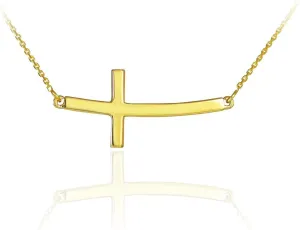14K Yellow Gold Curved Sideways Cross Necklace with Rolo Chain - Choice of Length