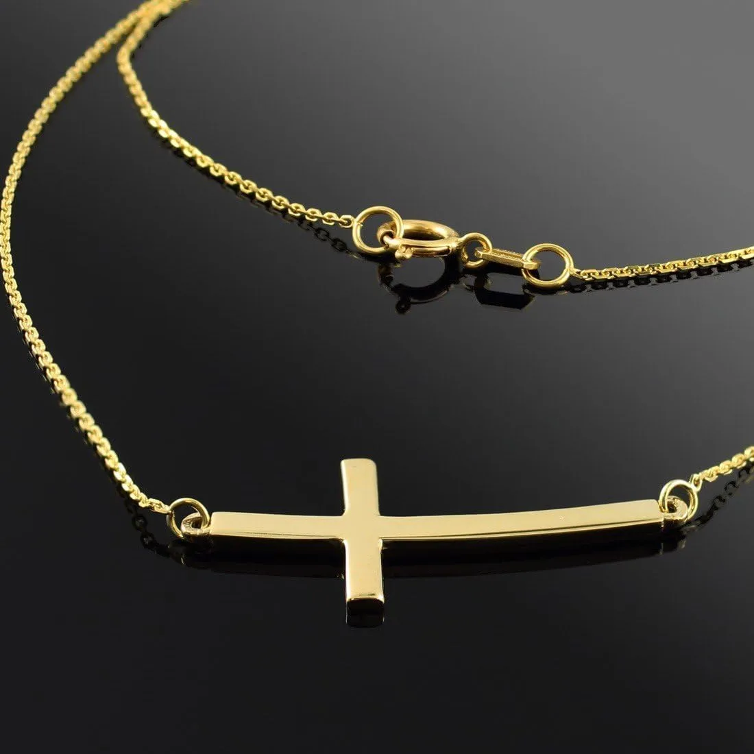 14K Yellow Gold Curved Sideways Cross Necklace with Rolo Chain - Choice of Length