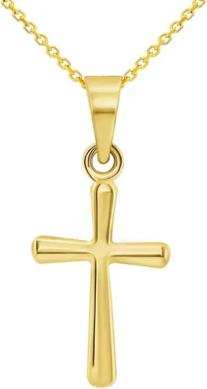 14k Yellow Gold Polished Dainty Mini Religious Plain Simple Cross Charm Pendant Necklace