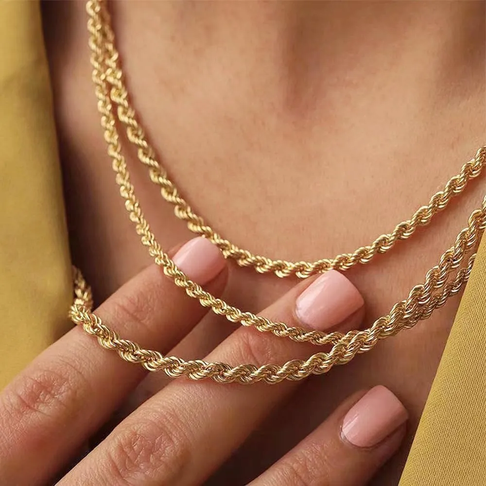 14K Yellow Solid Gold 1.5mm2mm3.2mm and 4.2mm Twisted Rope Chain Necklace, Ideal Gift for Women And Men(Lengths from 16 to 36 Inches)