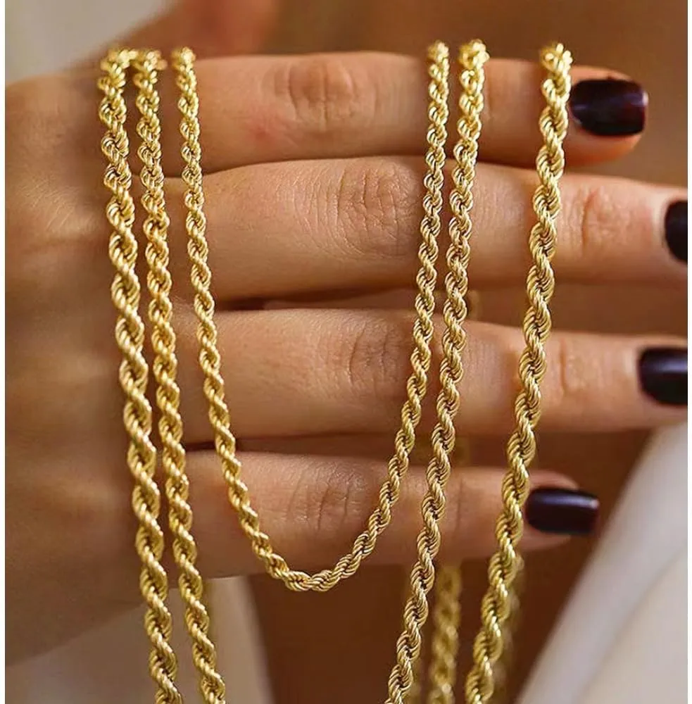 14K Yellow Solid Gold 1.5mm2mm3.2mm and 4.2mm Twisted Rope Chain Necklace, Ideal Gift for Women And Men(Lengths from 16 to 36 Inches)