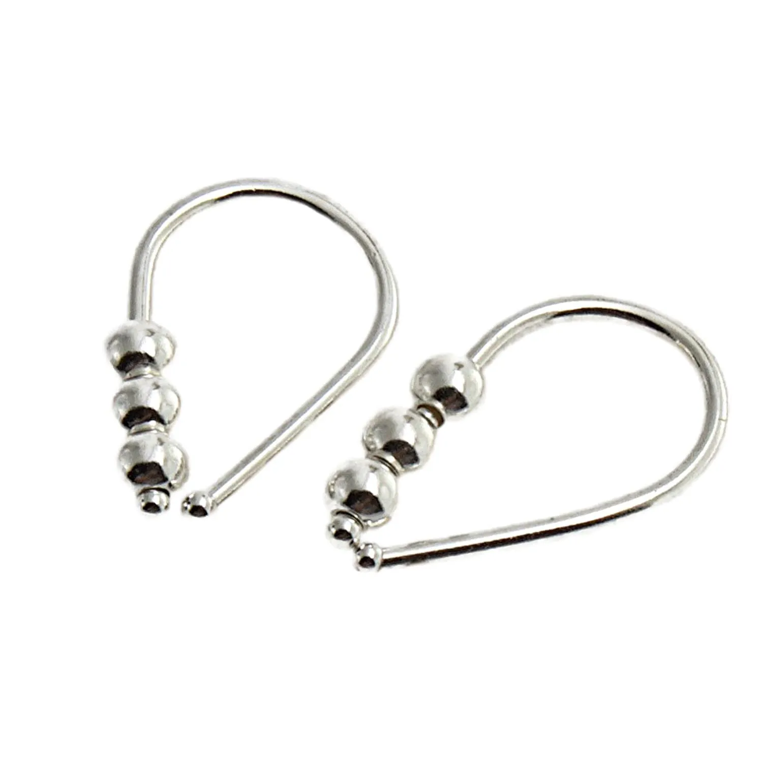 14mm 19 GA Solid Sterling Silver Upside Down Pull Through Cartilage Huggie Hoop Earring Lightweight Tiny Cuff Earrings for Women (14mm | 19 GA, 925 Sterling Silver | 3 Beads)
