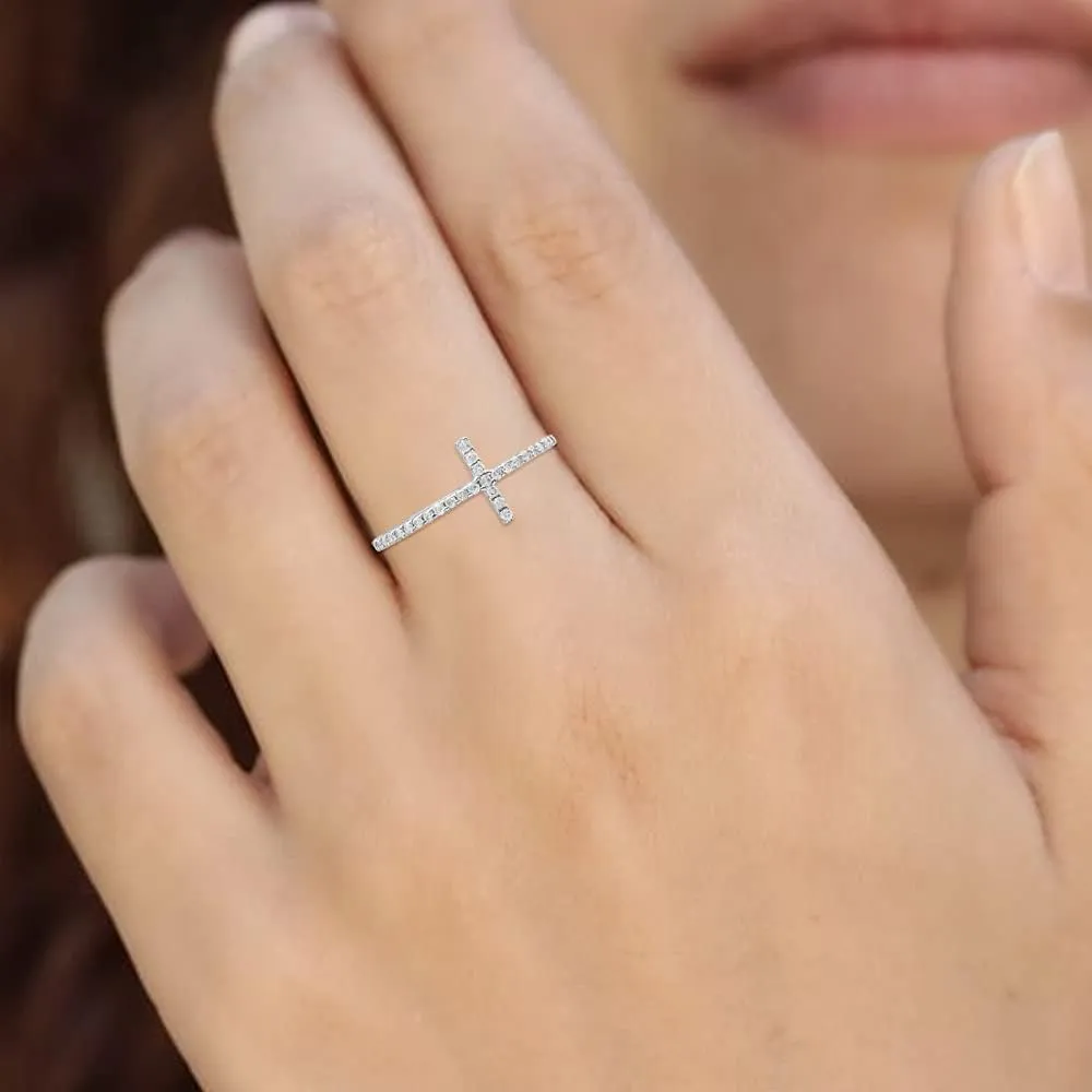 1/6 Carat Round Diamond Cross Ring | 10K White, Yellow Gold or Sterling Silver Anniversary Wedding Band Ring for Women | I-J Color and I2-I3 Clarity