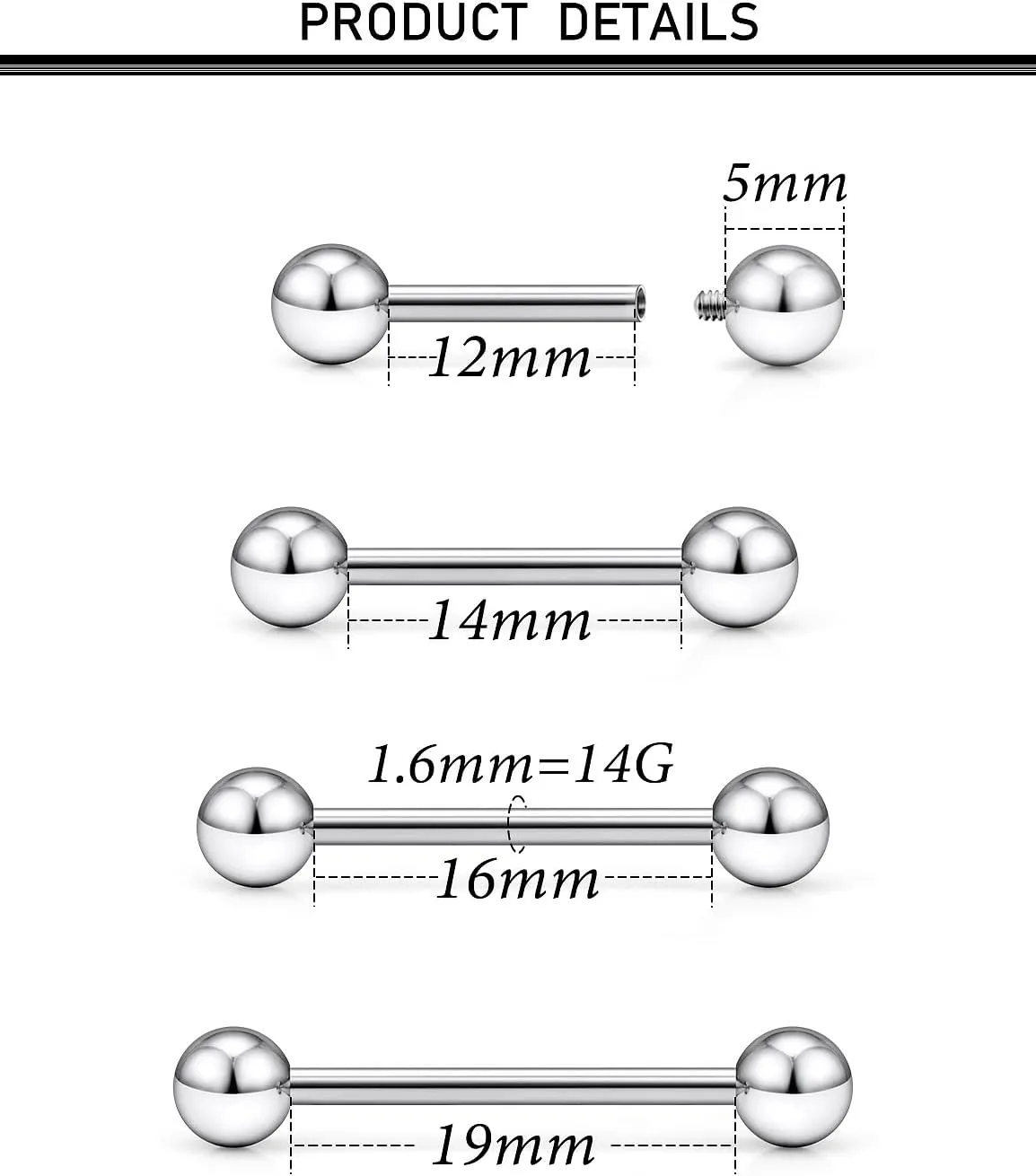 16G 14G 12G Titanium G23 Tongue Rings Nipple Piercing Jewelry Externally/Internally Threaded Bars Nipple Tongue Barbells Piercing Jewelry for Women Men 12mm 14mm 16mm 19mm 22mm
