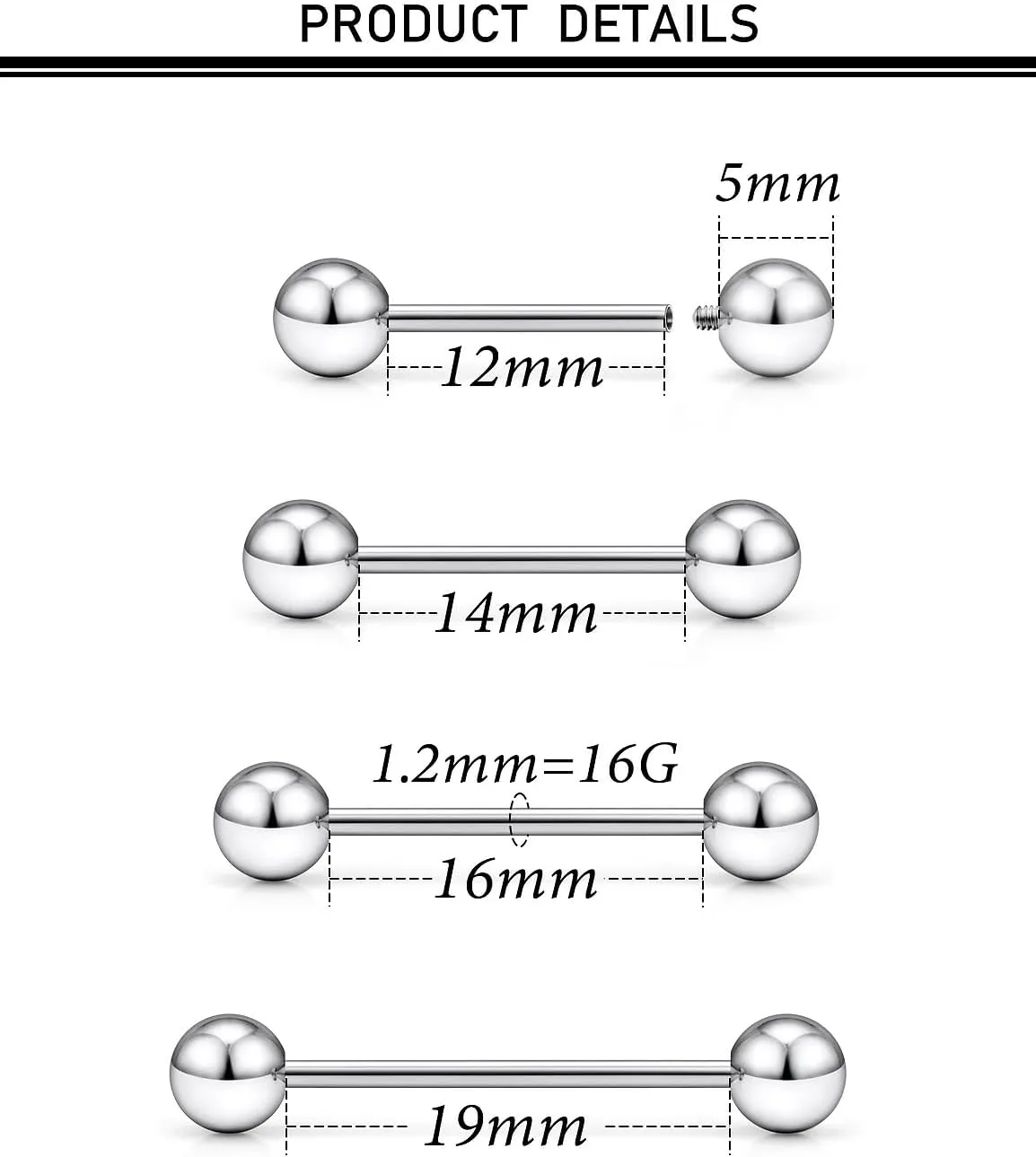 16G 14G 12G Titanium G23 Tongue Rings Nipple Piercing Jewelry Externally/Internally Threaded Bars Nipple Tongue Barbells Piercing Jewelry for Women Men 12mm 14mm 16mm 19mm 22mm