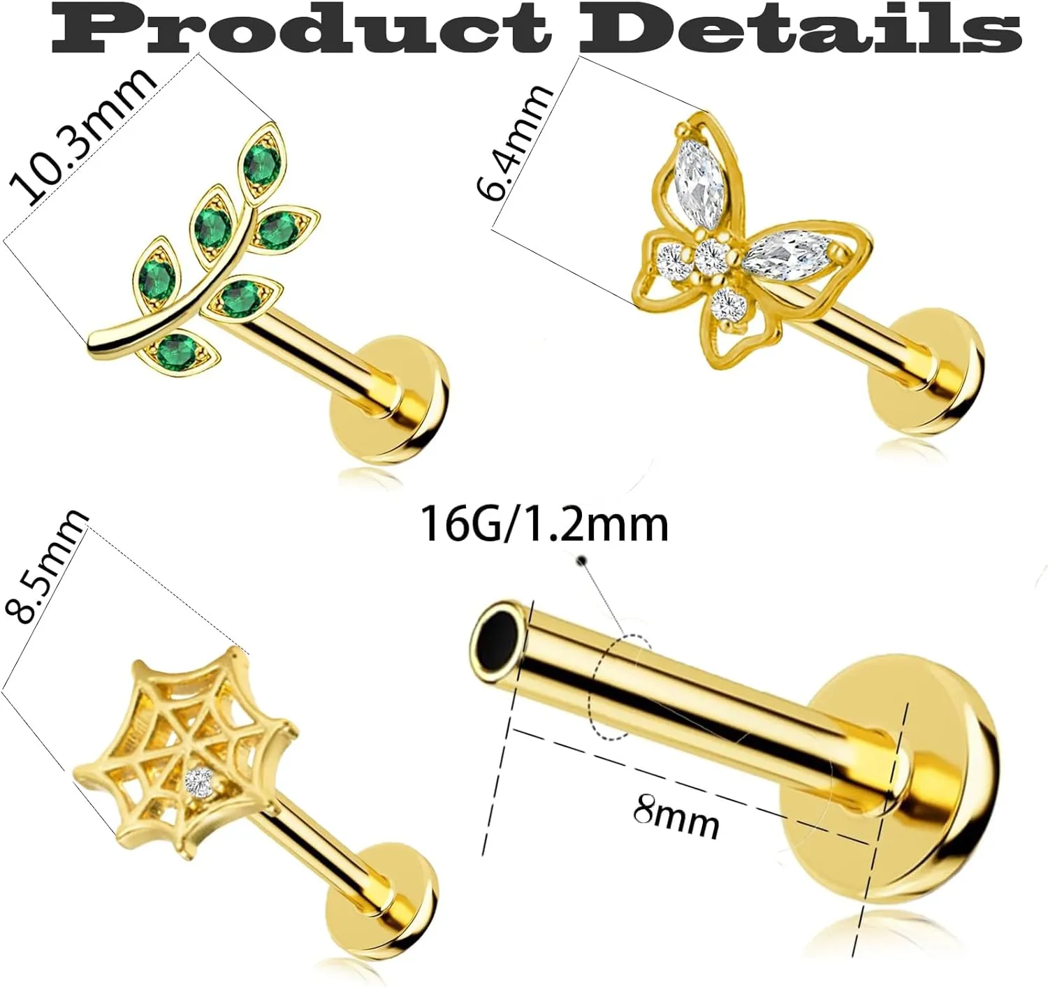 16G 316L Pushin Lip Rings Rings Leaf Nose Rings Top Push in Threadless Surgical Steel Flat Back Lobe Helix, Tragus, Conch Cartilage Earring Piercing Jewelry