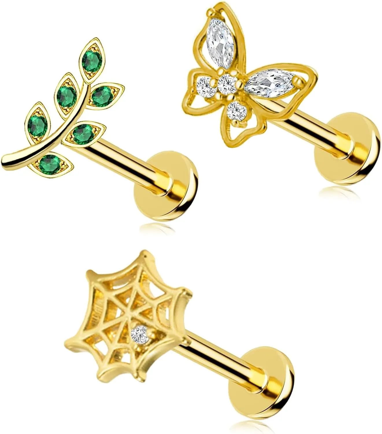 16G 316L Pushin Lip Rings Rings Leaf Nose Rings Top Push in Threadless Surgical Steel Flat Back Lobe Helix, Tragus, Conch Cartilage Earring Piercing Jewelry