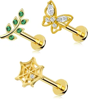 16G 316L Pushin Lip Rings Rings Leaf Nose Rings Top Push in Threadless Surgical Steel Flat Back Lobe Helix, Tragus, Conch Cartilage Earring Piercing Jewelry
