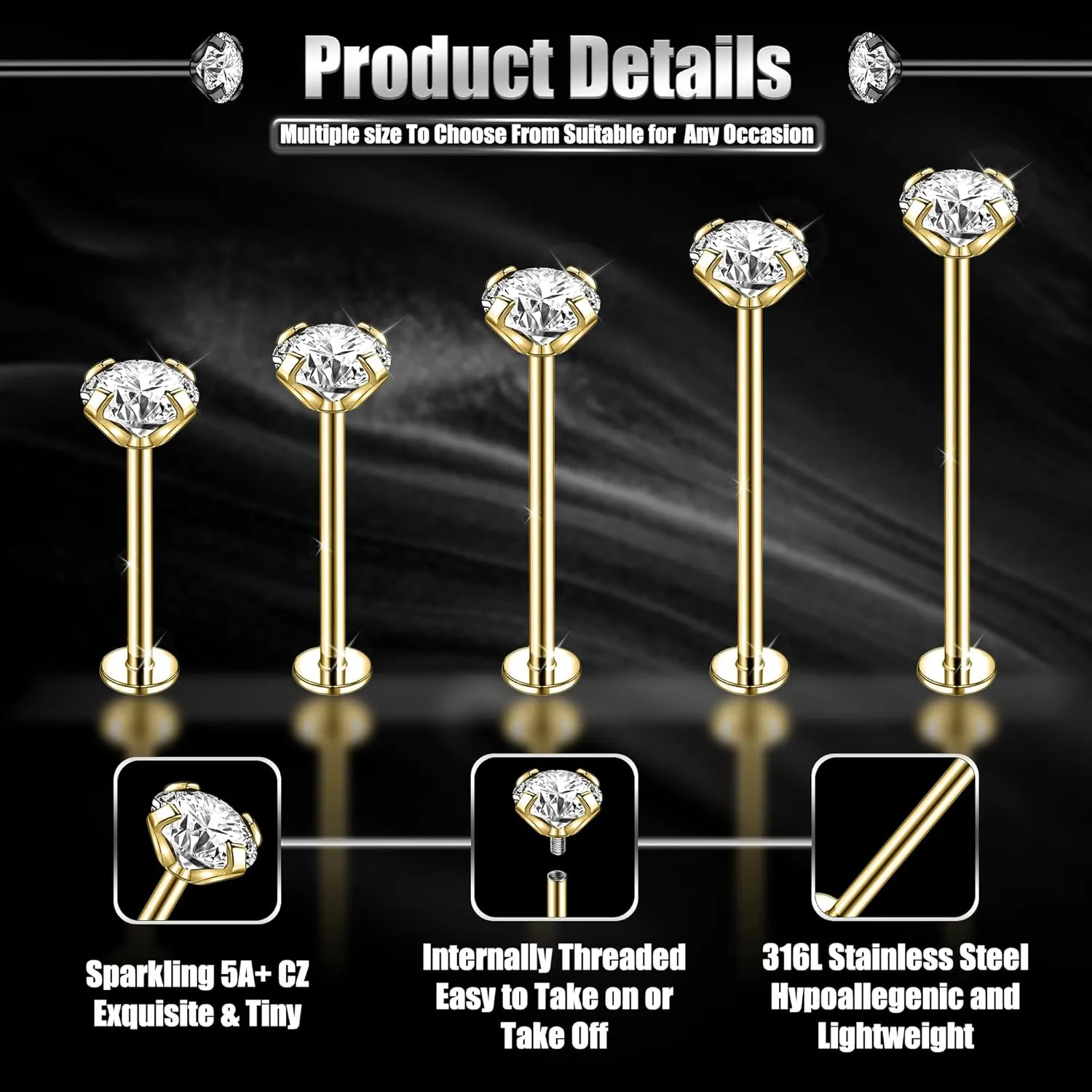 16G Labret Cheek Tongue Rings Surgical Steel Monroe Lip Piercing Jewelry Barbell Rings Kits Ultra-long Bar Length 14/16/19/22/25mm
