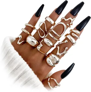 17IF 10-15 Pcs Gold Ring Set for Women Chunky Classic Dainty Boho Aesthetic Punk Thick Line Big Size Simple Stacking on Thumb Knuckle Rings Pack
