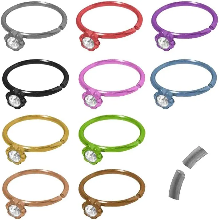 18G Anodized Titanium Cubic Zirconia 8mm - 5/16 inch Flower Nose Hoop Rings for Men Women with Cz Gem (Sold Individually)