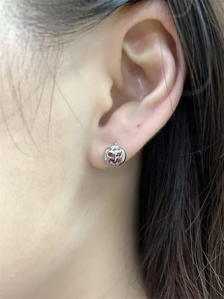 18G Halloween Pumpkin Stud Earrings for Women Girls 925 Sterling Silver Red Cubic Zirconia CZ Cute Small Devil Cartilage Studs Hypoallergenic Piercing Ear Delicate Thanksgiving Fall Party Jewelry Gifts for Friends