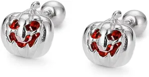 18G Halloween Pumpkin Stud Earrings for Women Girls 925 Sterling Silver Red Cubic Zirconia CZ Cute Small Devil Cartilage Studs Hypoallergenic Piercing Ear Delicate Thanksgiving Fall Party Jewelry Gifts for Friends