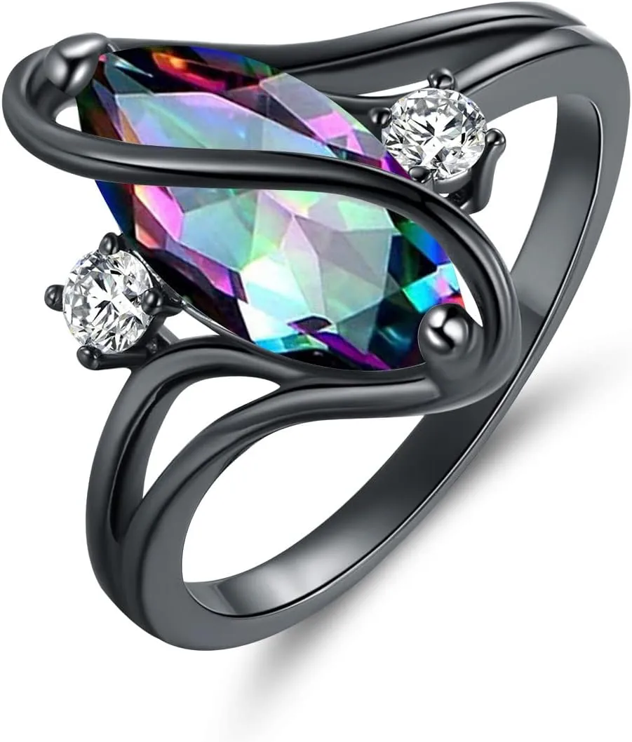 18K Black Gold Plated Rainbow CZ/Opal Marquise Rings for Women Cocktail Promise Eternity Band Party Birthday Gifts Fashion Jewelry