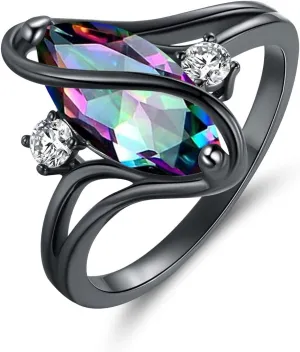 18K Black Gold Plated Rainbow CZ/Opal Marquise Rings for Women Cocktail Promise Eternity Band Party Birthday Gifts Fashion Jewelry