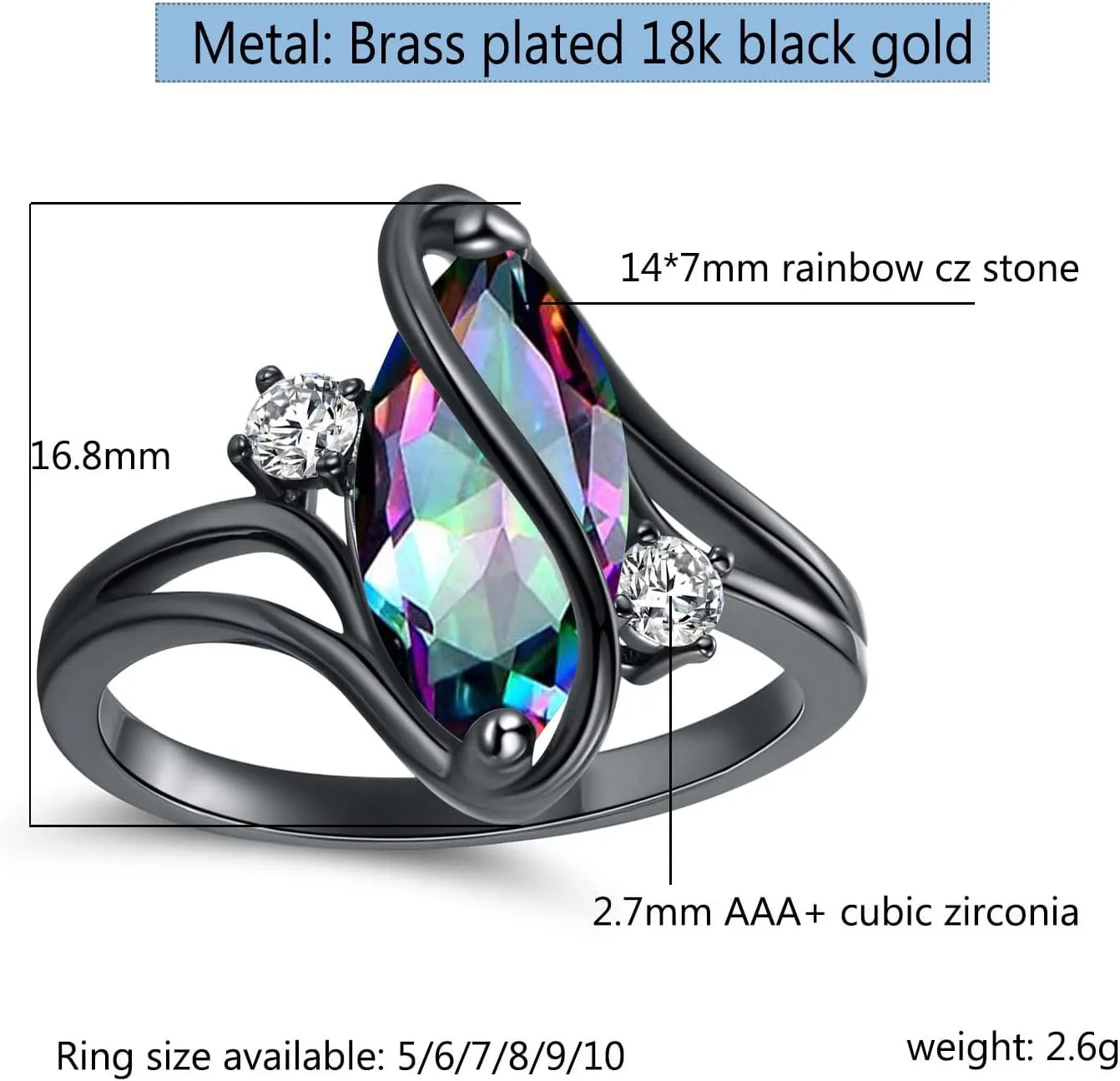 18K Black Gold Plated Rainbow CZ/Opal Marquise Rings for Women Cocktail Promise Eternity Band Party Birthday Gifts Fashion Jewelry
