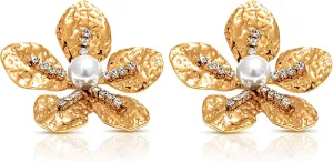 18K Gold Plated Flower Stud Earrings for Women  Statement Fashion Earrings with Zircon and Artificial Pearls, Waterproof Stainless Steel, Hypoallergenic Jewelry earrings for women trendy