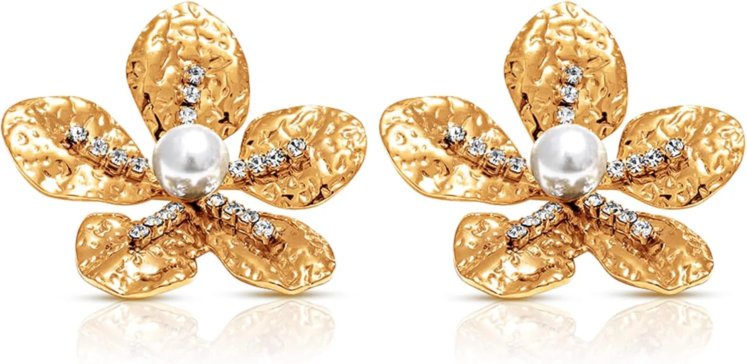 18K Gold Plated Flower Stud Earrings for Women  Statement Fashion Earrings with Zircon and Artificial Pearls, Waterproof Stainless Steel, Hypoallergenic Jewelry earrings for women trendy