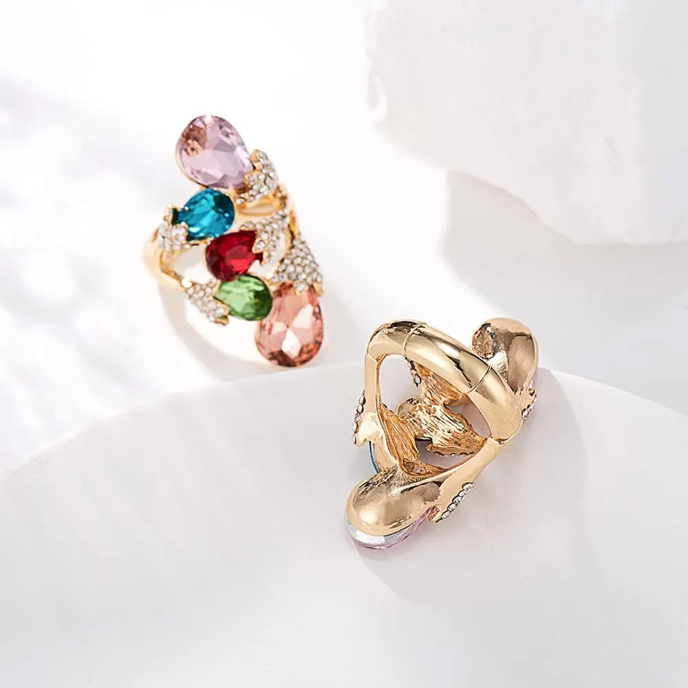 18K Gold Plated Iridescent Multi-color Gemstone Crystal Geometric Elastic Adjustable Stretchy Statement Rings for Women Cocktail Costume Jewelry