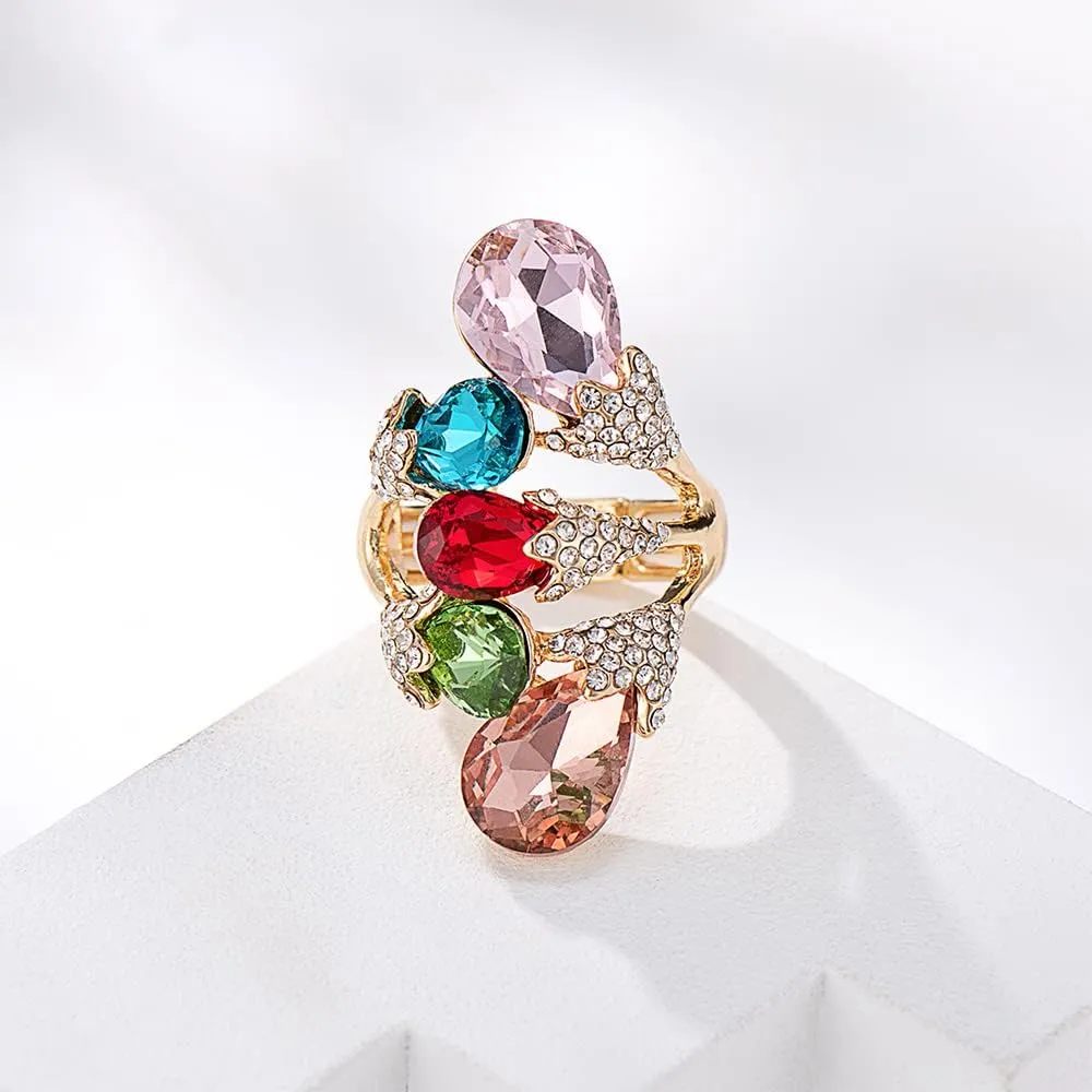 18K Gold Plated Iridescent Multi-color Gemstone Crystal Geometric Elastic Adjustable Stretchy Statement Rings for Women Cocktail Costume Jewelry