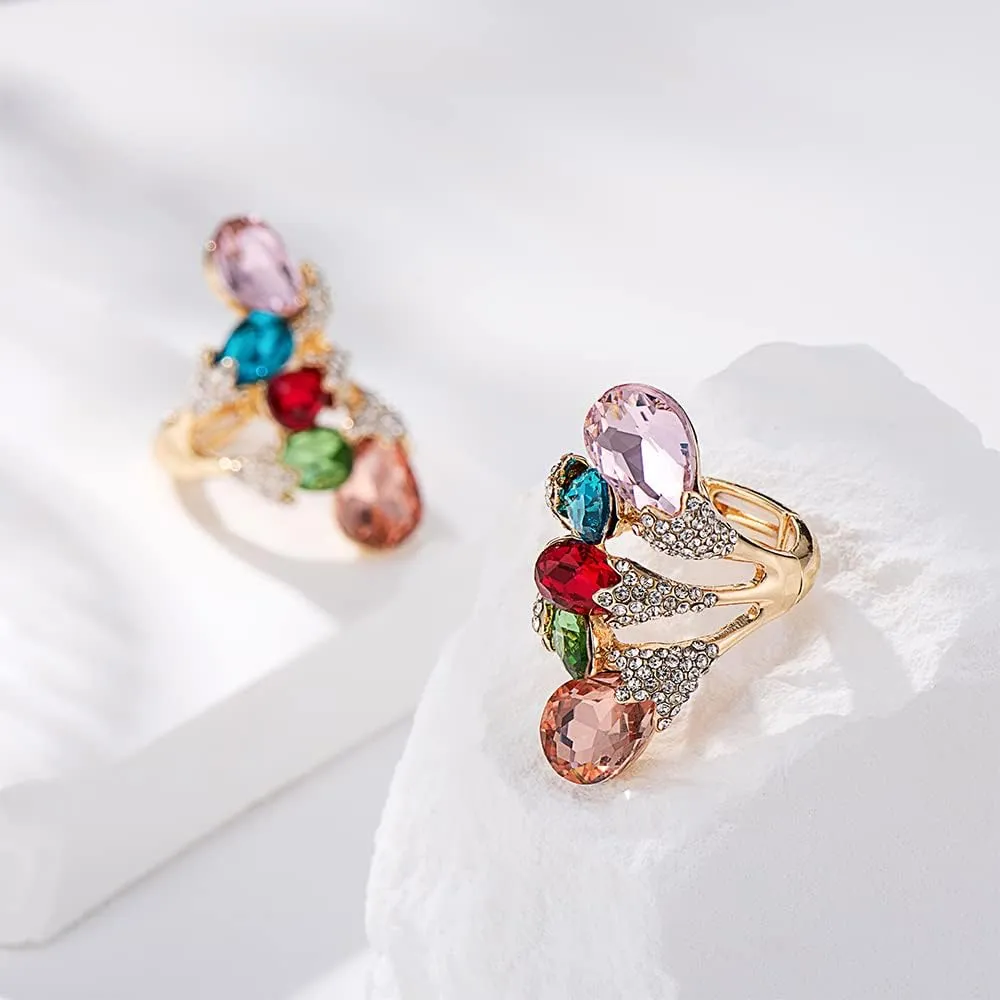 18K Gold Plated Iridescent Multi-color Gemstone Crystal Geometric Elastic Adjustable Stretchy Statement Rings for Women Cocktail Costume Jewelry