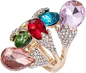 18K Gold Plated Iridescent Multi-color Gemstone Crystal Geometric Elastic Adjustable Stretchy Statement Rings for Women Cocktail Costume Jewelry