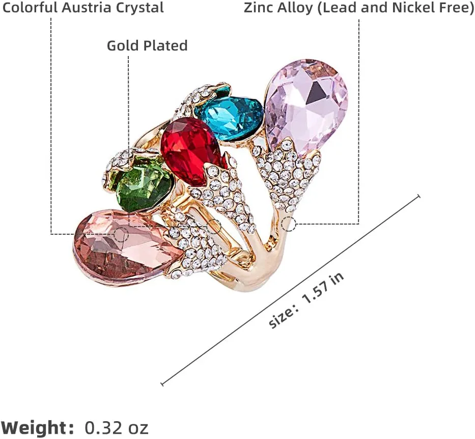 18K Gold Plated Iridescent Multi-color Gemstone Crystal Geometric Elastic Adjustable Stretchy Statement Rings for Women Cocktail Costume Jewelry