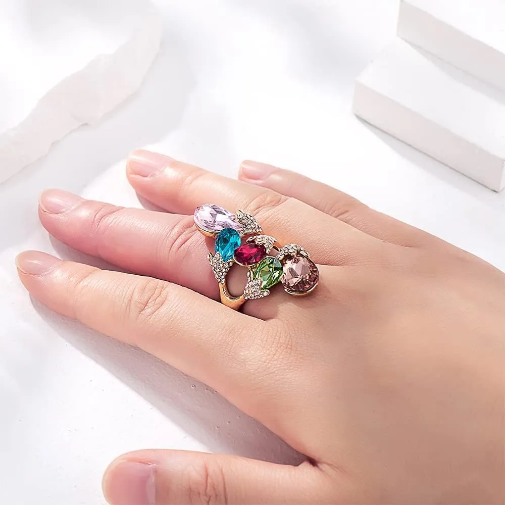 18K Gold Plated Iridescent Multi-color Gemstone Crystal Geometric Elastic Adjustable Stretchy Statement Rings for Women Cocktail Costume Jewelry