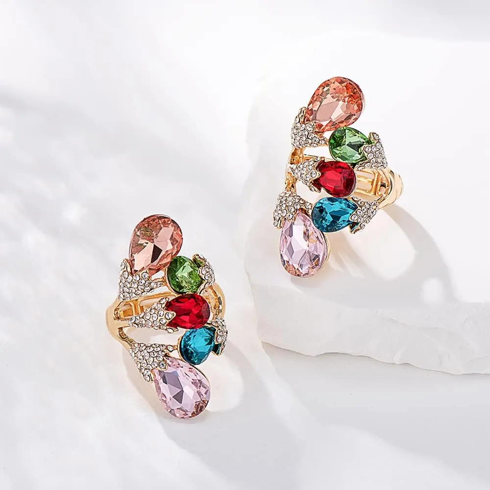 18K Gold Plated Iridescent Multi-color Gemstone Crystal Geometric Elastic Adjustable Stretchy Statement Rings for Women Cocktail Costume Jewelry