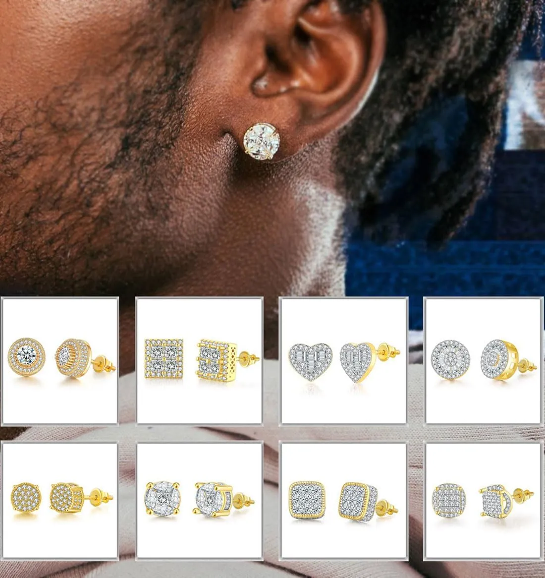 18K Gold Plated Post Stud Earrings Cubic Zirconia Stud Earrings for Women Men Hip Hop Jewelry